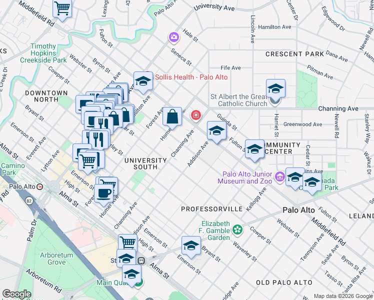 map of restaurants, bars, coffee shops, grocery stores, and more near 914 Webster Street in Palo Alto