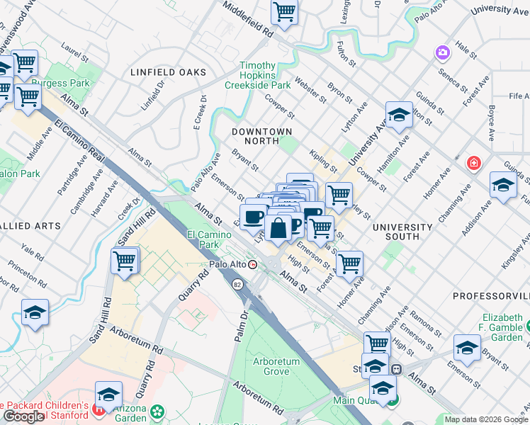 map of restaurants, bars, coffee shops, grocery stores, and more near 309 Emerson Street in Palo Alto
