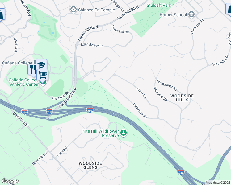 map of restaurants, bars, coffee shops, grocery stores, and more near 331 Ridgeway Road in Woodside