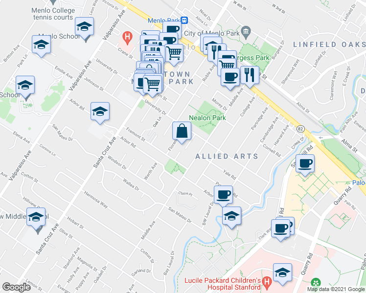 map of restaurants, bars, coffee shops, grocery stores, and more near 960 Alice Lane in Menlo Park