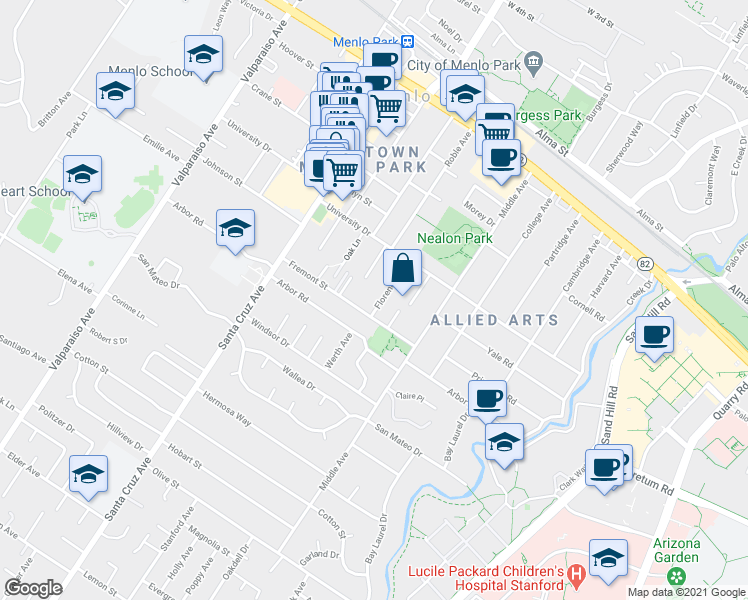 map of restaurants, bars, coffee shops, grocery stores, and more near 1030 Florence Lane in Menlo Park