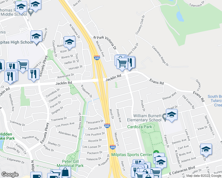 map of restaurants, bars, coffee shops, grocery stores, and more near 1133 Calle Oriente in Milpitas