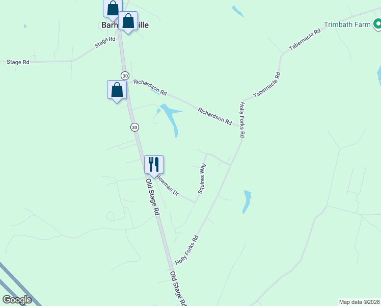 map of restaurants, bars, coffee shops, grocery stores, and more near 2425 West Miller Road in Toano