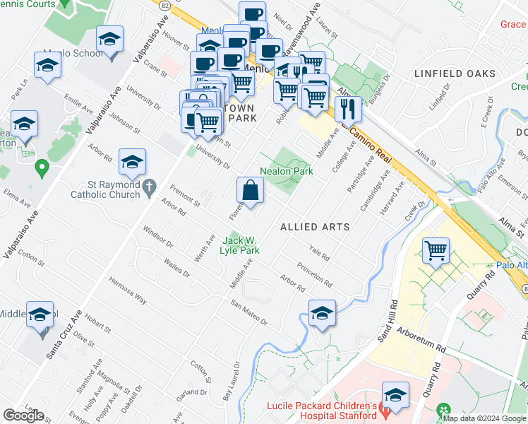 map of restaurants, bars, coffee shops, grocery stores, and more near 951 Alice Lane in Menlo Park