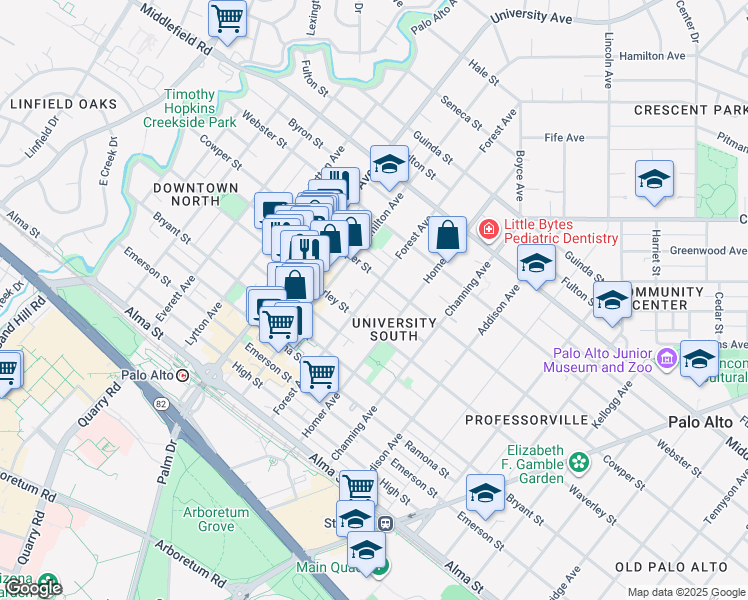 map of restaurants, bars, coffee shops, grocery stores, and more near 446 Forest Avenue in Palo Alto