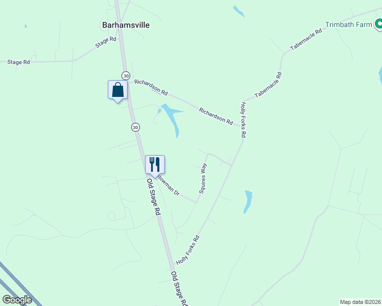 map of restaurants, bars, coffee shops, grocery stores, and more near 2425 West Miller Road in Toano