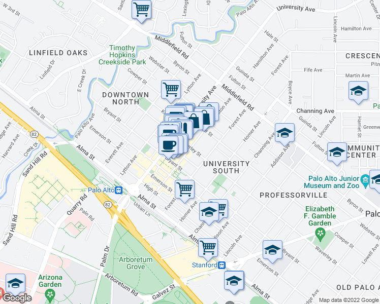 map of restaurants, bars, coffee shops, grocery stores, and more near 380 Hamilton Avenue in Palo Alto