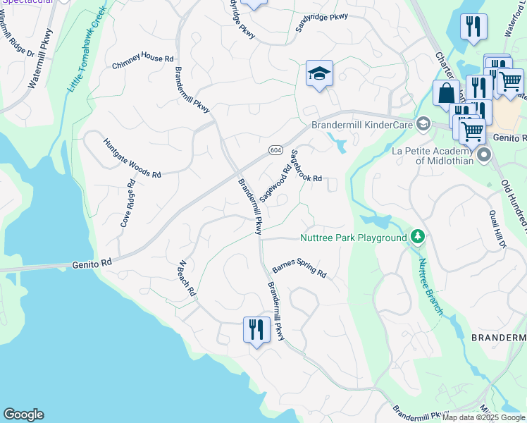 map of restaurants, bars, coffee shops, grocery stores, and more near 3002 Sagegrove Road in Midlothian