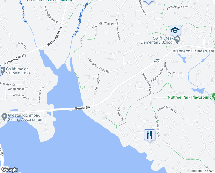 map of restaurants, bars, coffee shops, grocery stores, and more near 2806 Long Gate Court in Midlothian