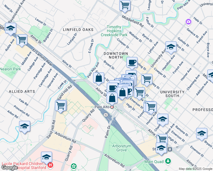 map of restaurants, bars, coffee shops, grocery stores, and more near 251 High Street in Palo Alto