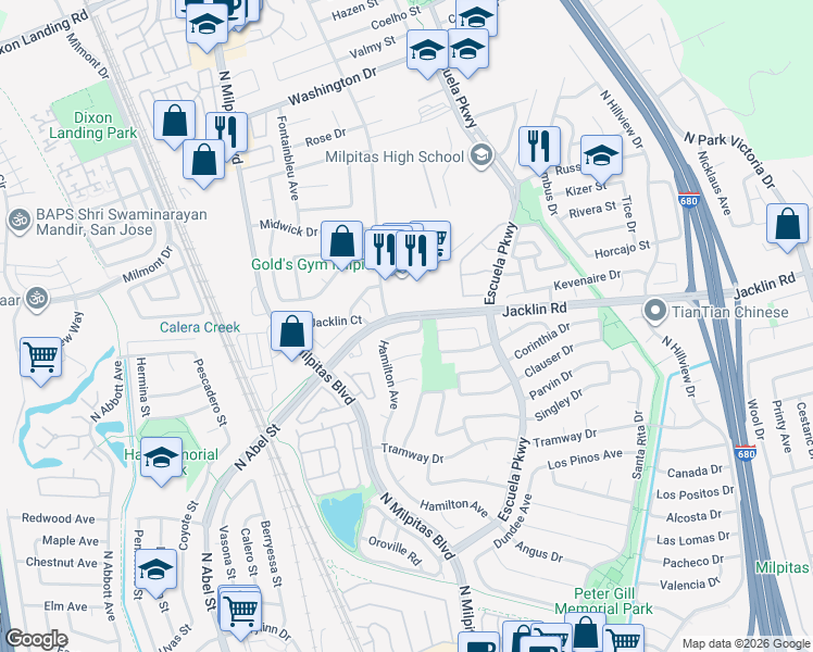 map of restaurants, bars, coffee shops, grocery stores, and more near 1019 Hamilton Avenue in Milpitas
