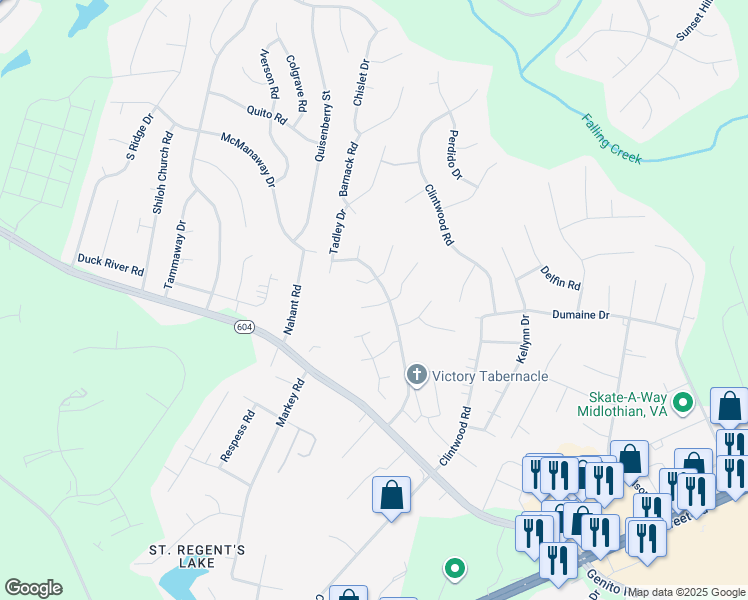 map of restaurants, bars, coffee shops, grocery stores, and more near 11906 Rimswell Mews in Midlothian