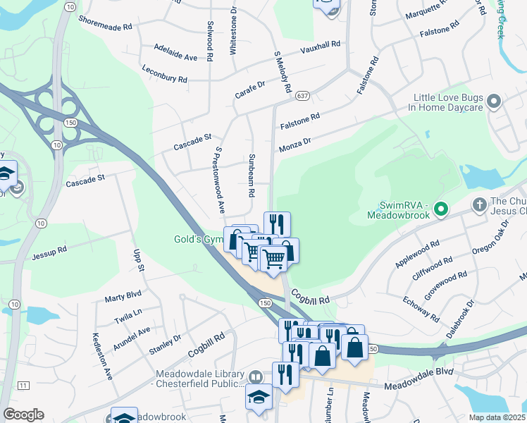 map of restaurants, bars, coffee shops, grocery stores, and more near 5540 Hopkins Road in Richmond