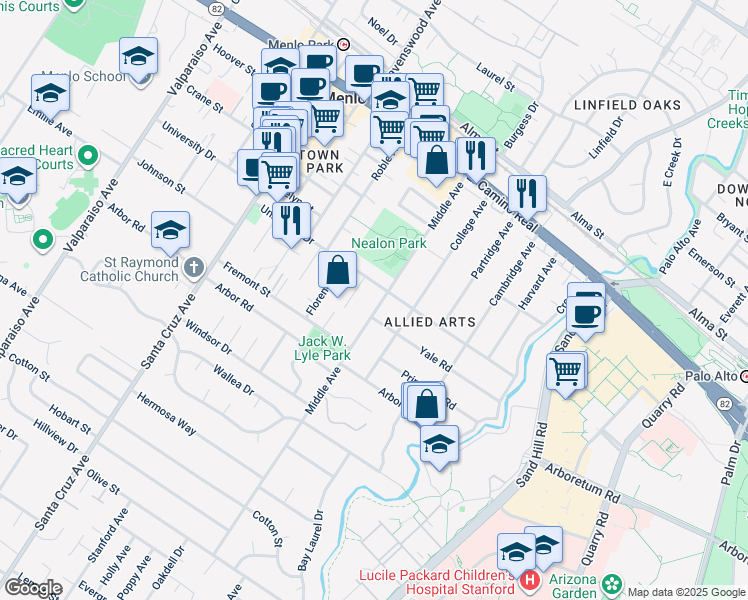 map of restaurants, bars, coffee shops, grocery stores, and more near 908 Middle Avenue in Menlo Park