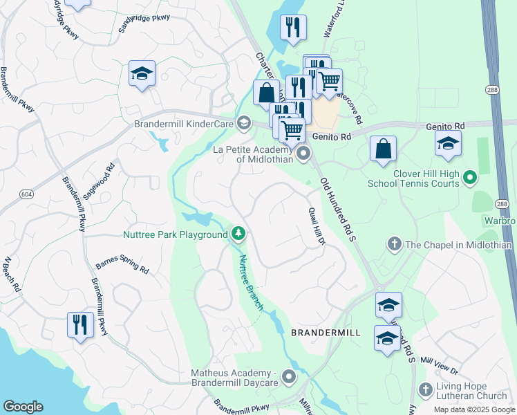map of restaurants, bars, coffee shops, grocery stores, and more near 3106 Quail Hill Drive in Midlothian