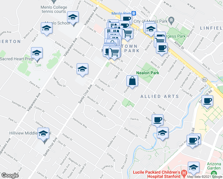 map of restaurants, bars, coffee shops, grocery stores, and more near 823 Fremont Street in Menlo Park