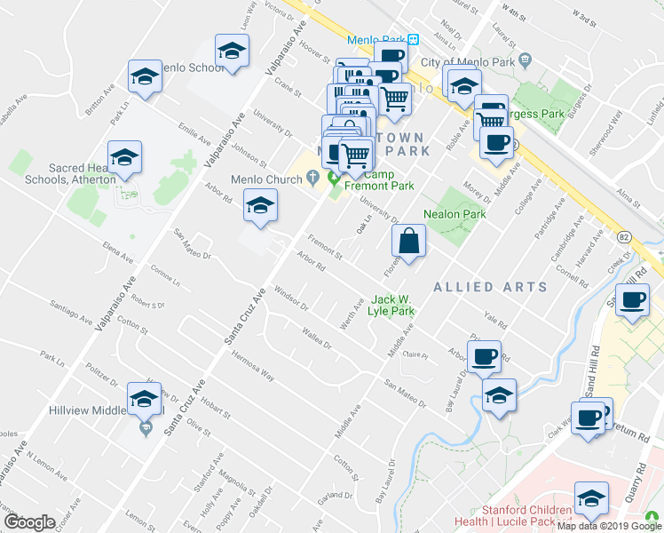 map of restaurants, bars, coffee shops, grocery stores, and more near 925 Arbor Road in Menlo Park