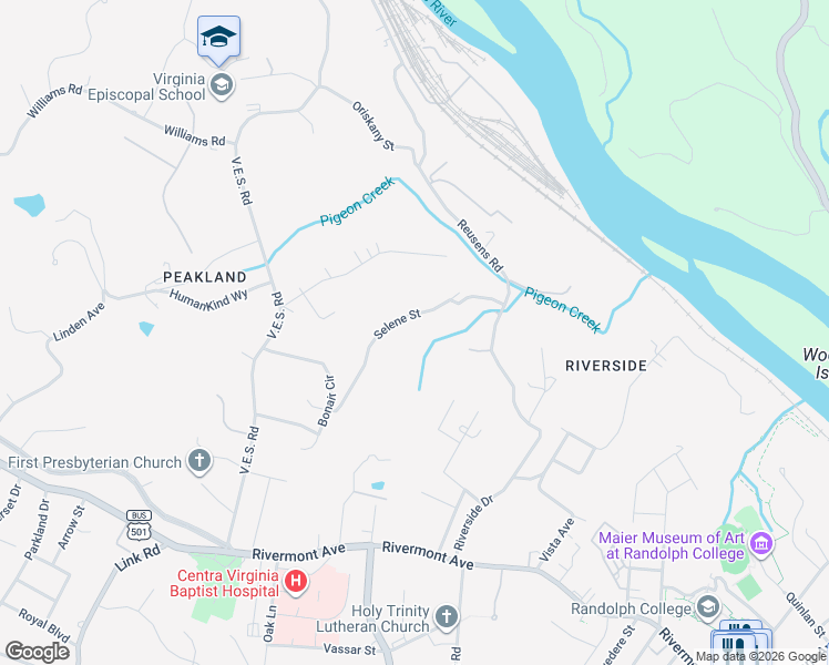 map of restaurants, bars, coffee shops, grocery stores, and more near 646 Selene Street in Lynchburg