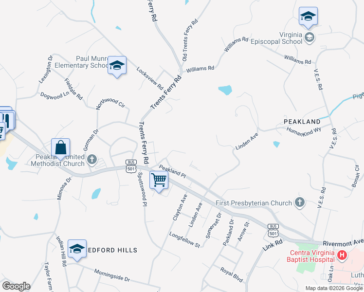 map of restaurants, bars, coffee shops, grocery stores, and more near 4227 Hilton Place in Lynchburg
