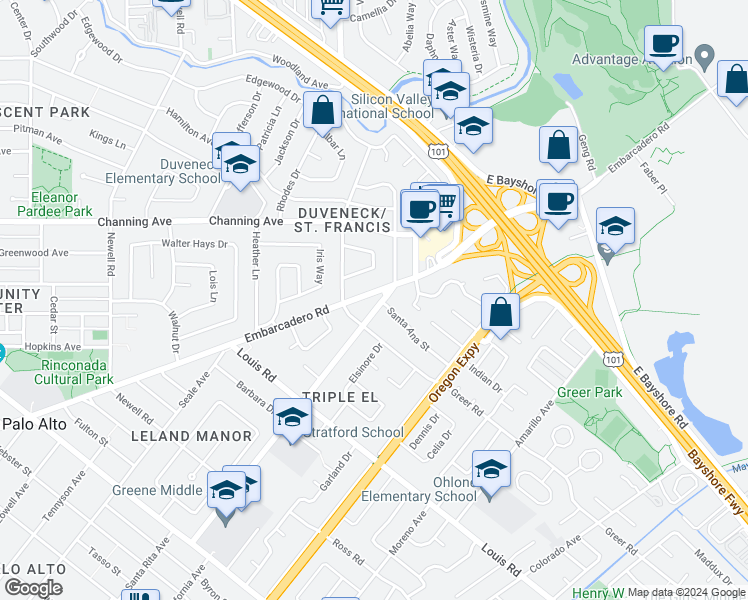 map of restaurants, bars, coffee shops, grocery stores, and more near 1035 North California Avenue in Palo Alto