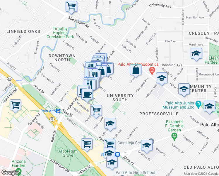 map of restaurants, bars, coffee shops, grocery stores, and more near 417 Forest Avenue in Palo Alto