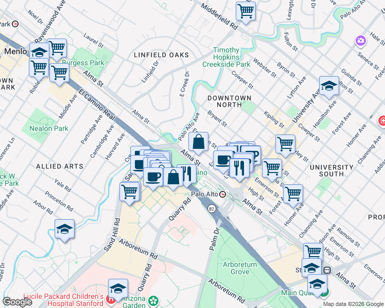 map of restaurants, bars, coffee shops, grocery stores, and more near 167 Alma Street in Palo Alto