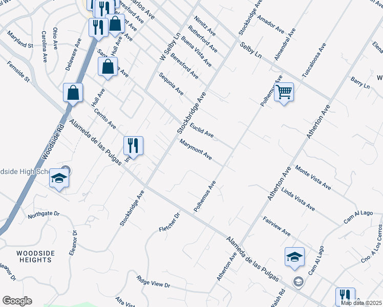 map of restaurants, bars, coffee shops, grocery stores, and more near 58 Marymont Avenue in Atherton