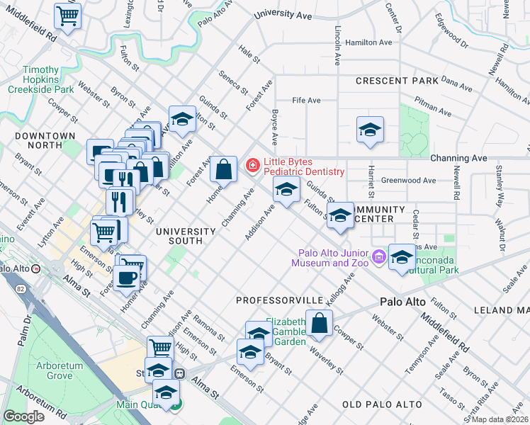 map of restaurants, bars, coffee shops, grocery stores, and more near 635 Addison Avenue in Palo Alto