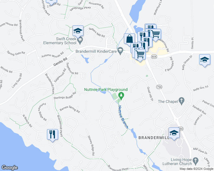 map of restaurants, bars, coffee shops, grocery stores, and more near 3110 3 Bridges Road in Midlothian