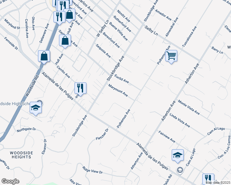 map of restaurants, bars, coffee shops, grocery stores, and more near 58 Marymont Avenue in Atherton