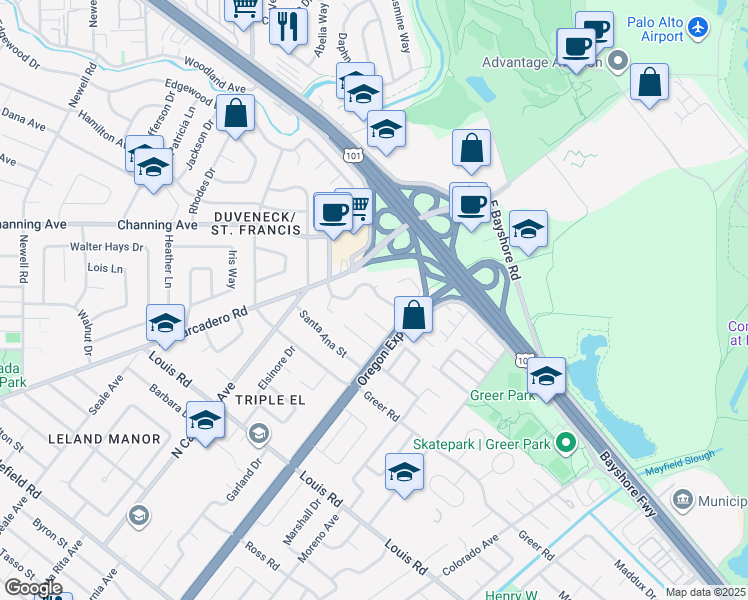 map of restaurants, bars, coffee shops, grocery stores, and more near 2384 Saint Francis Drive in Palo Alto