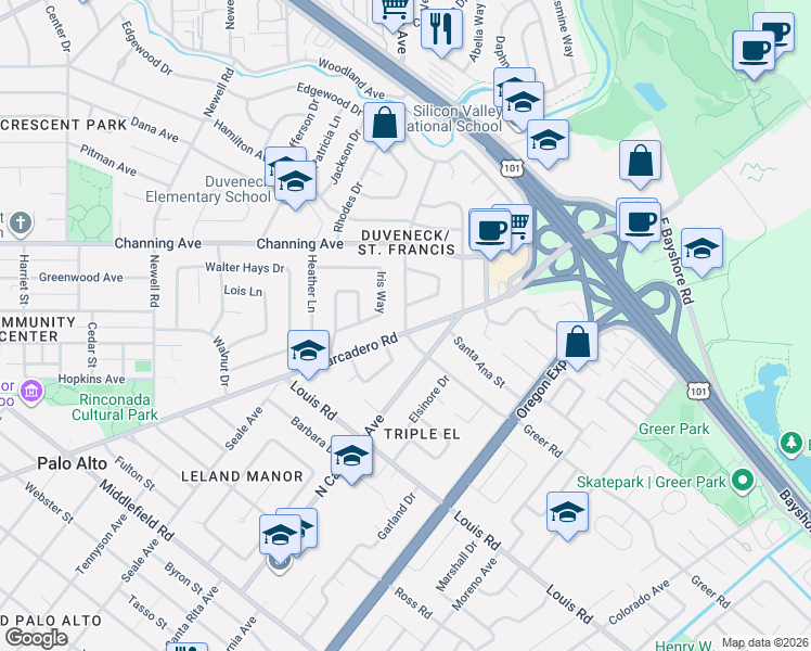 map of restaurants, bars, coffee shops, grocery stores, and more near 991 Embarcadero Road in Palo Alto