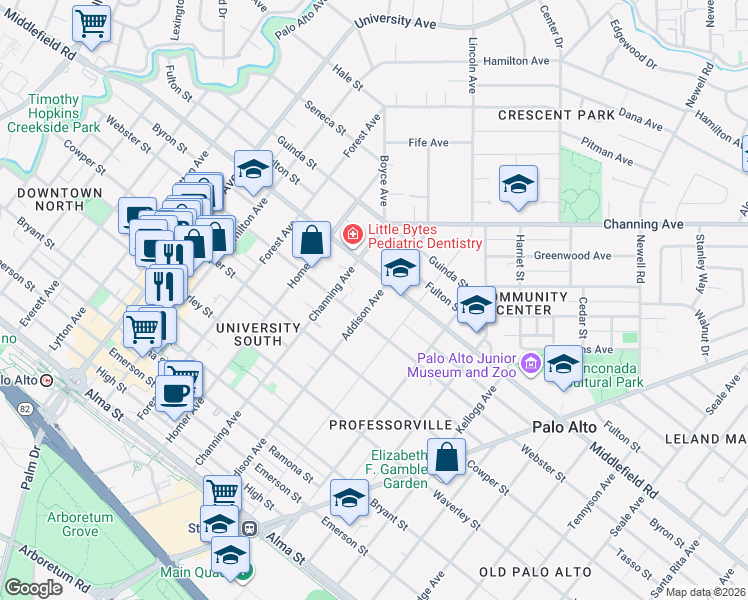 map of restaurants, bars, coffee shops, grocery stores, and more near 635 Addison Avenue in Palo Alto