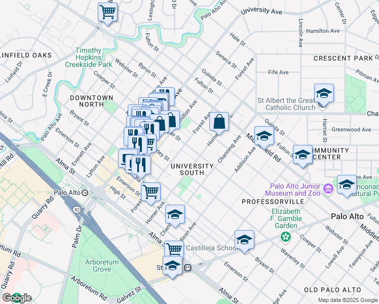 map of restaurants, bars, coffee shops, grocery stores, and more near in Palo Alto