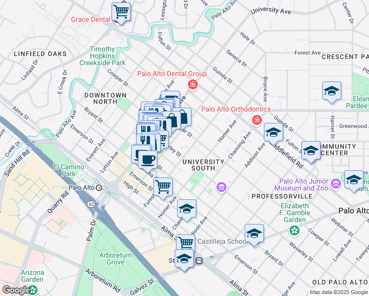 map of restaurants, bars, coffee shops, grocery stores, and more near 636 Waverley Street in Palo Alto