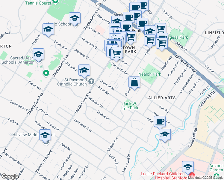 map of restaurants, bars, coffee shops, grocery stores, and more near 823 Fremont Street in Menlo Park