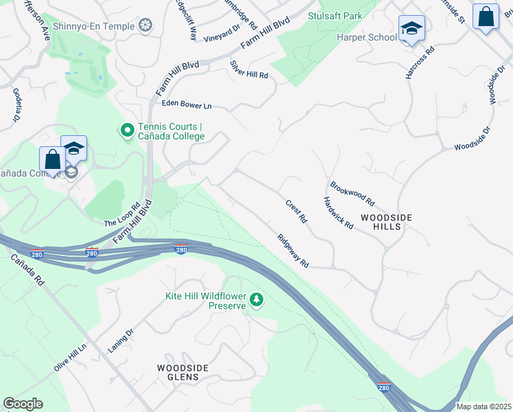 map of restaurants, bars, coffee shops, grocery stores, and more near 310 Ridgeway Road in Woodside