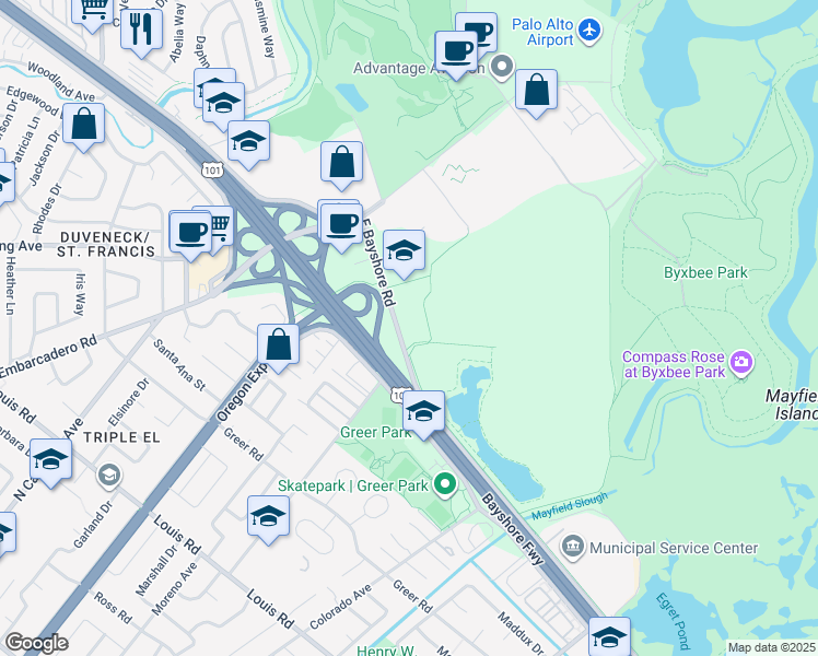 map of restaurants, bars, coffee shops, grocery stores, and more near 2595 East Bayshore Road in Palo Alto