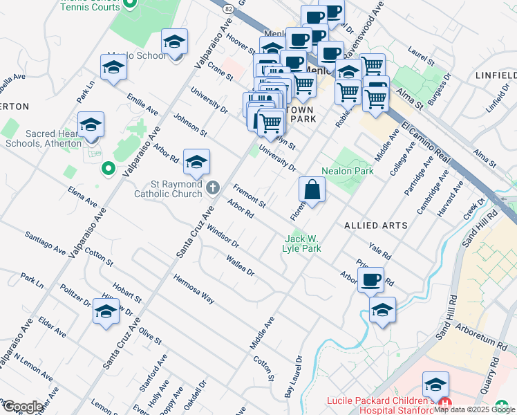 map of restaurants, bars, coffee shops, grocery stores, and more near 903 Fremont Street in Menlo Park