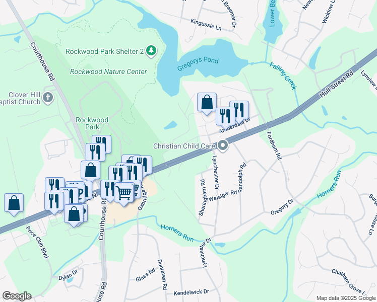 map of restaurants, bars, coffee shops, grocery stores, and more near 9600 Hull Street Road in Richmond