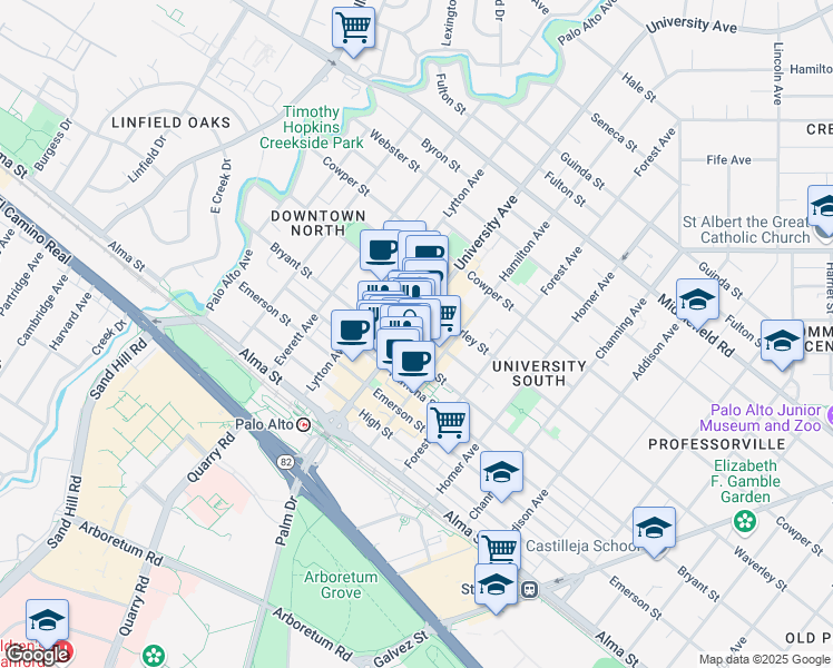 map of restaurants, bars, coffee shops, grocery stores, and more near 300 University Avenue in Palo Alto