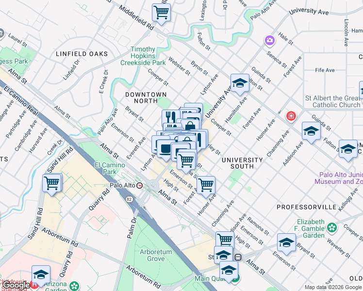 map of restaurants, bars, coffee shops, grocery stores, and more near 317 University Avenue in Palo Alto