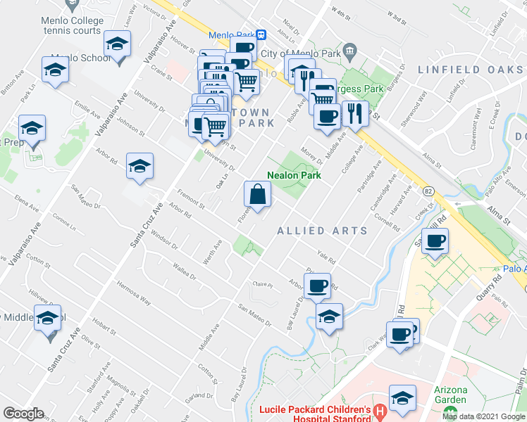 map of restaurants, bars, coffee shops, grocery stores, and more near 950 Alice Lane in Menlo Park