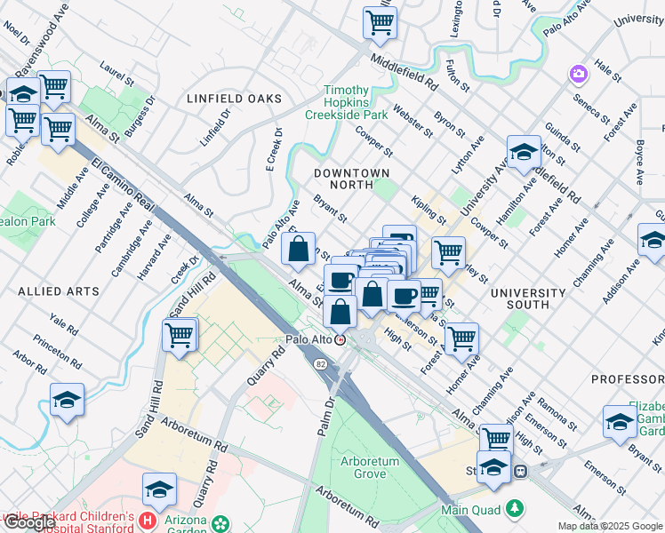 map of restaurants, bars, coffee shops, grocery stores, and more near 251 High Street in Palo Alto