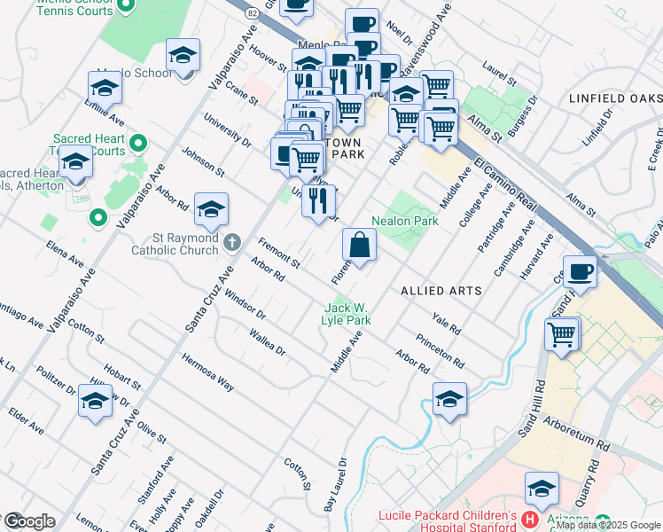 map of restaurants, bars, coffee shops, grocery stores, and more near 1030 Florence Lane in Menlo Park