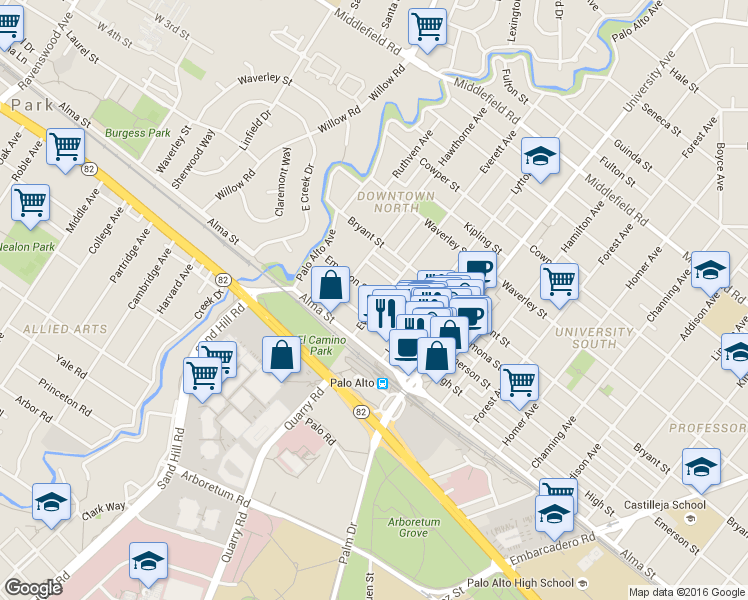 map of restaurants, bars, coffee shops, grocery stores, and more near 251 High Street in Palo Alto