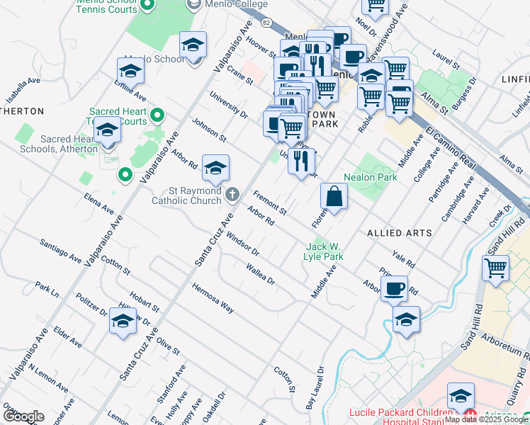 map of restaurants, bars, coffee shops, grocery stores, and more near 925 Arbor Road in Menlo Park
