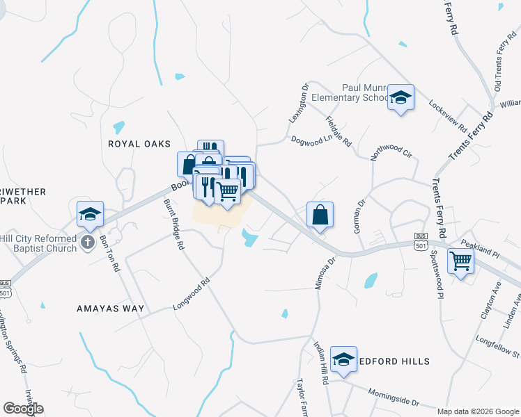 map of restaurants, bars, coffee shops, grocery stores, and more near 4811 Boonsboro Road in Lynchburg