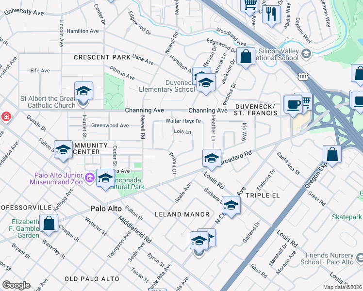 map of restaurants, bars, coffee shops, grocery stores, and more near 50 Jordan Place in Palo Alto