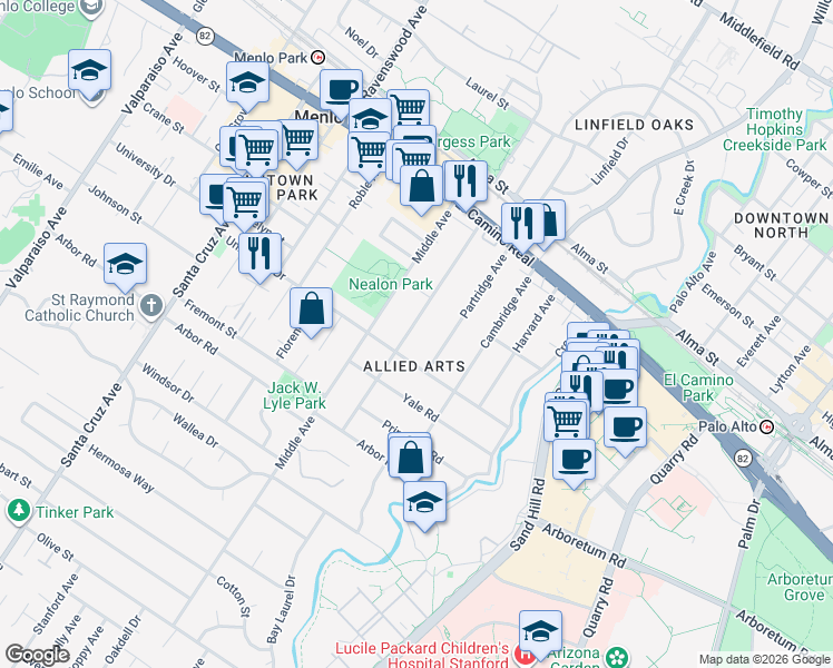 map of restaurants, bars, coffee shops, grocery stores, and more near 866 Partridge Avenue in Menlo Park
